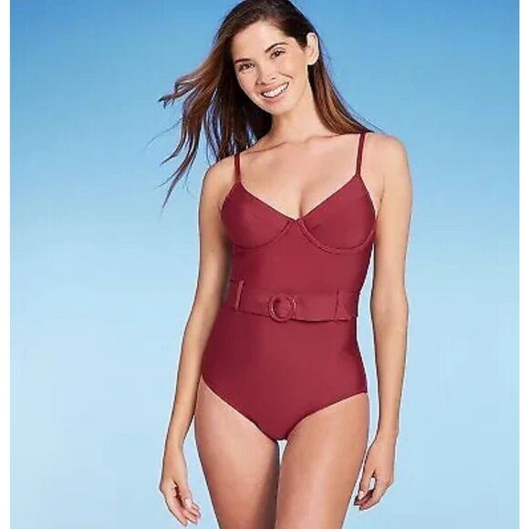 Shade & Shore Underwire Belted One Piece Swimsuit -Red Women's S NWT - Picture 1 of 6